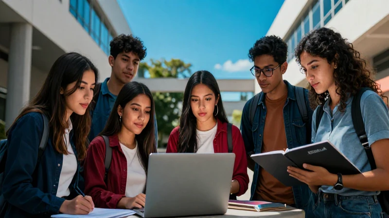 Estudiantes mexicanos en campus moderno colaborando