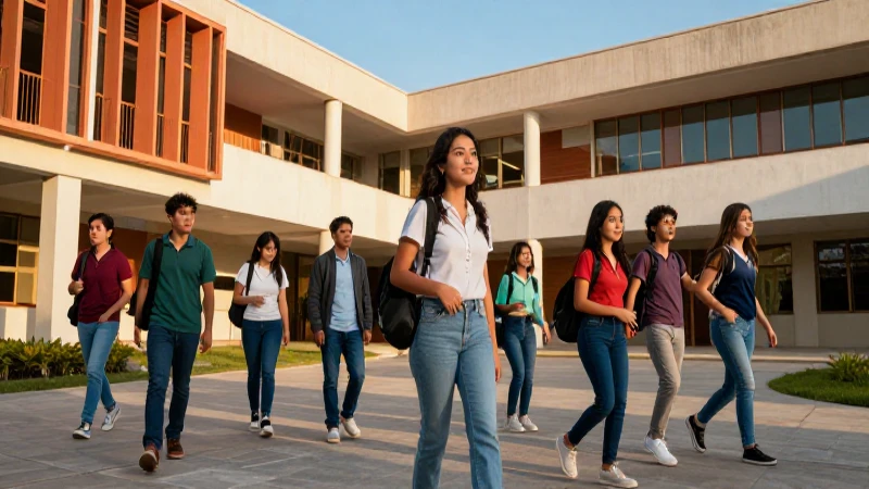 Estudiantes universitarios en campus arquitectónico al atardecer