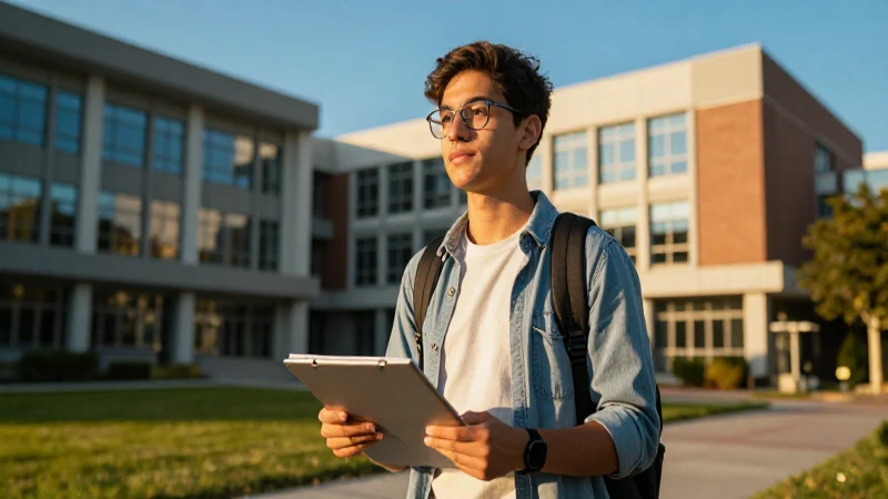 Estudiante concentrado en campus universitario moderno
