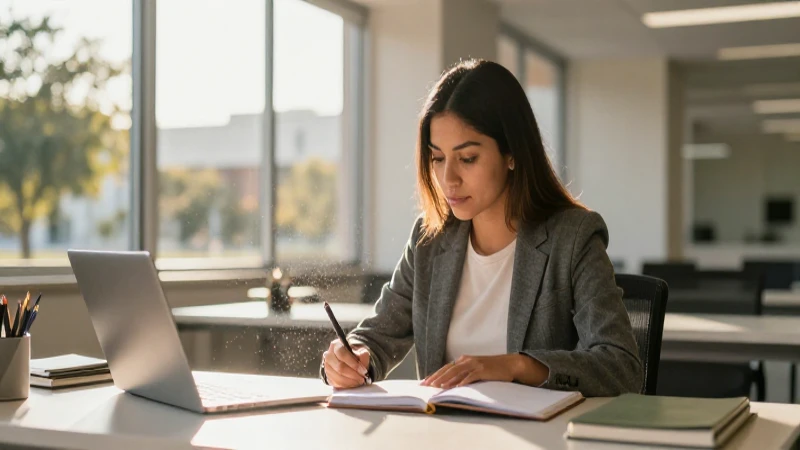 Joven estudiante mexicana en pausa soleada y moderna