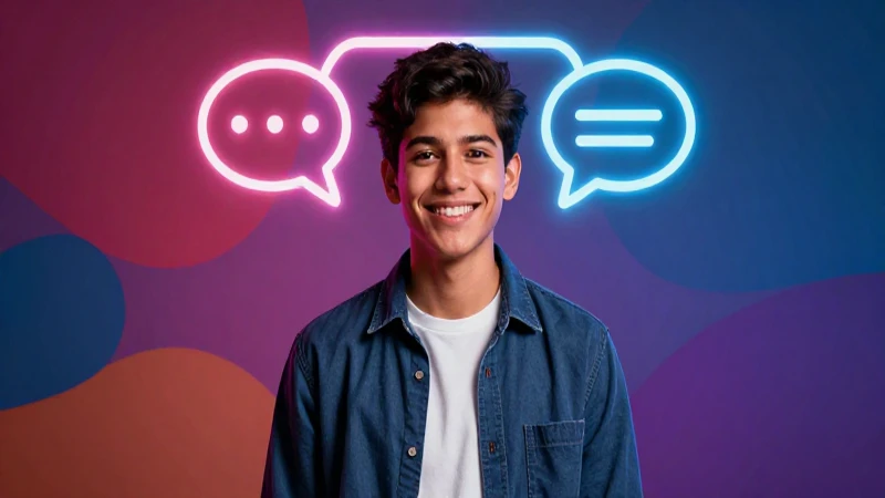 Estudiante optimista con iconografía digital vibrante