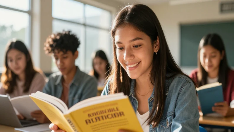 Estudiante sonríe estudiando, simbolizando éxito