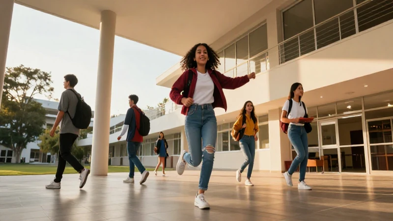 Estudiantes dinámicos y campus moderno con luz dorada