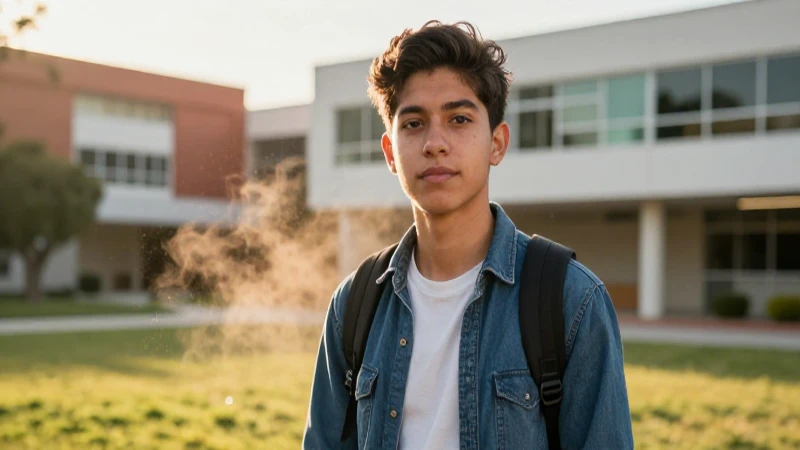 Estudiante universitario mexicano en campus moderno