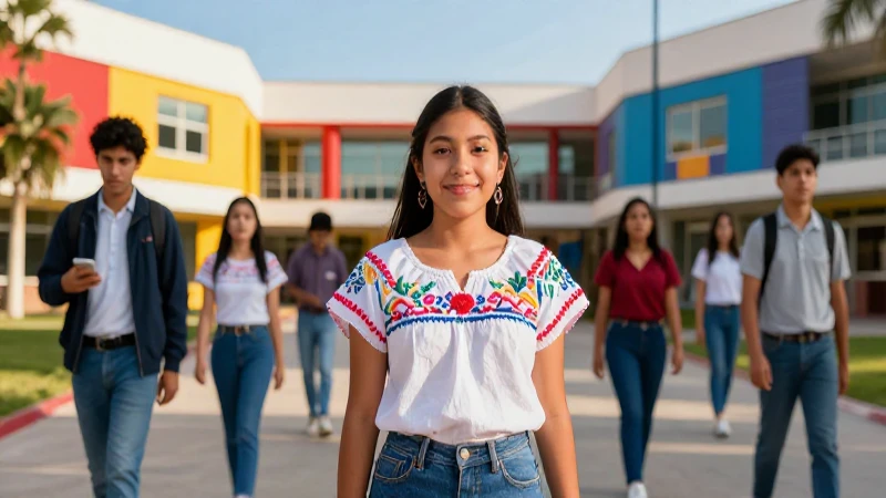 Joven mexicana en vibrante campus académico