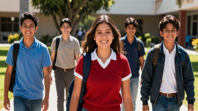 Estudiantes mexicanos sonriendo en campus soleado y vibrante