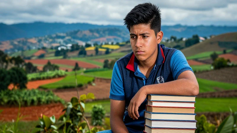 Estudiante mexicano enfocado ante paisaje rural vibrante