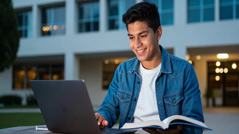 Estudiante mexicano exitoso en campus moderno