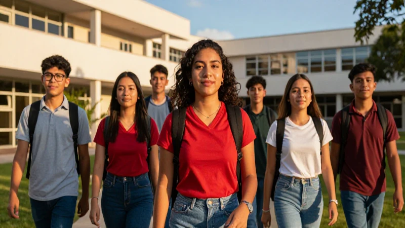 Estudiantes mexicanos en campus moderno con luz dramática