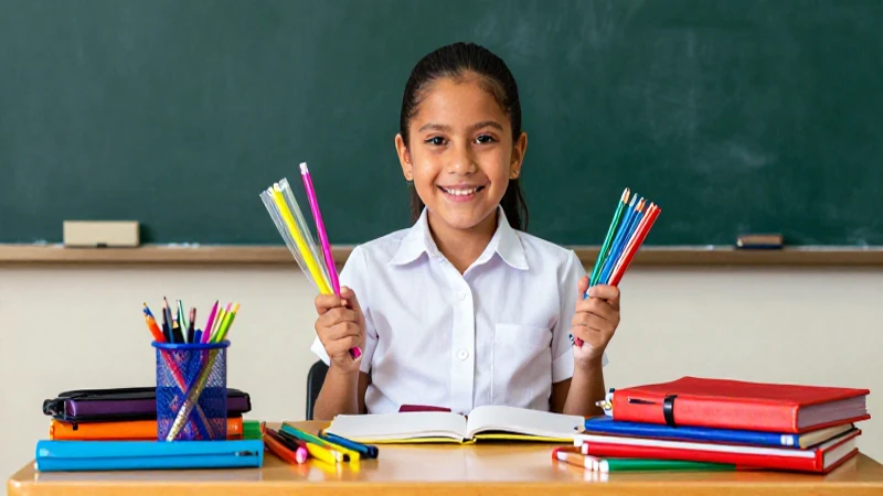 Niño alegre con útiles escolares en mesa