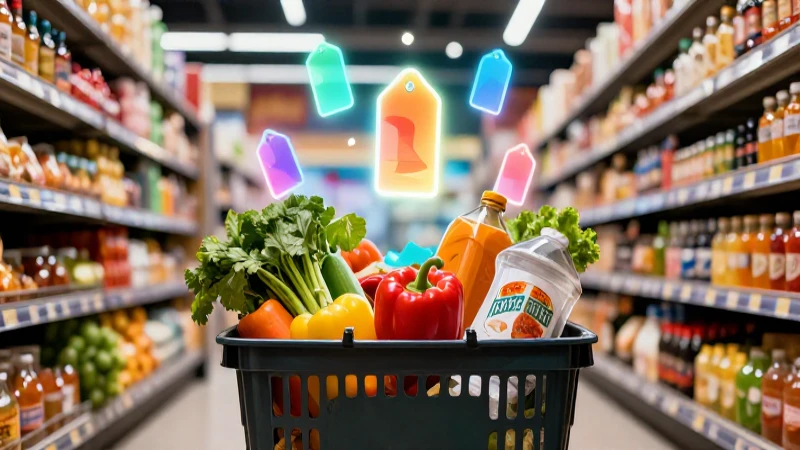 Cesta colorida de mercado en tienda moderna