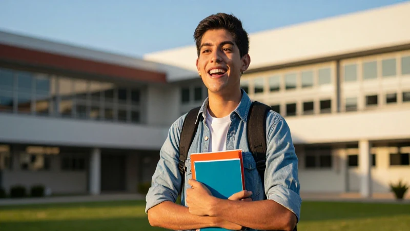 Estudiante mexicano victorioso en campus moderno