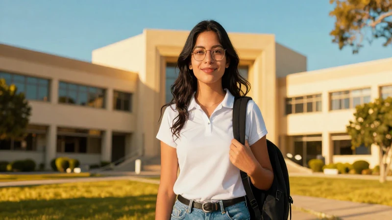 Estudiante mexicano en campus bajo luz dorada