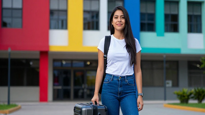 Estudiante mexicano en campus moderno, con maleta y alto contraste
