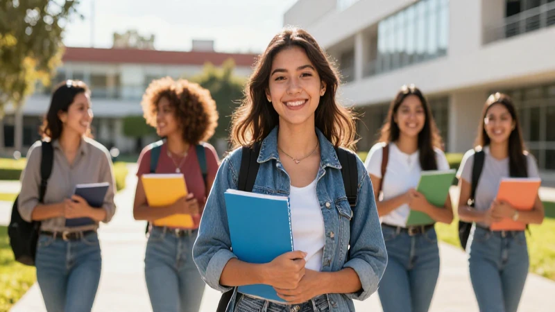 Estudiante mexicana brillante en campus moderno y luminoso