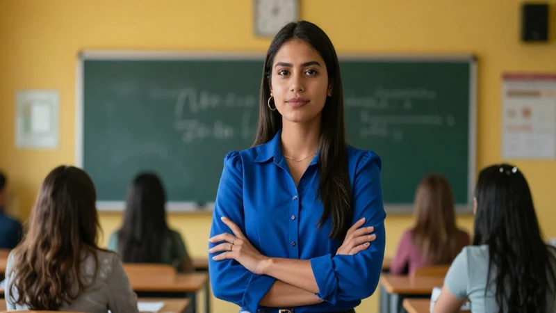 Joven maestra mexicana en aula universitaria moderna