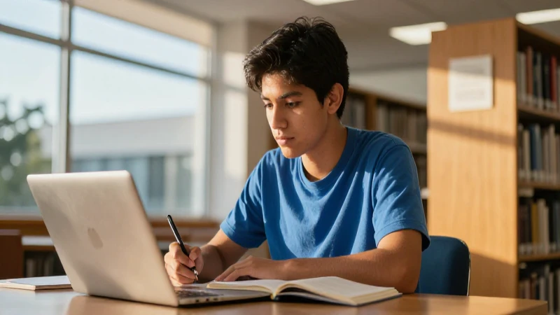 Joven mexicano concentrado en biblioteca moderna