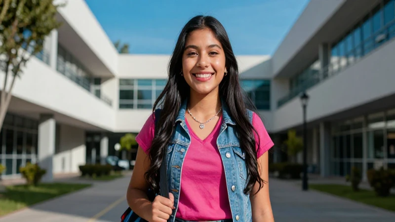 Estudiante mexicano sonriente en campus moderno