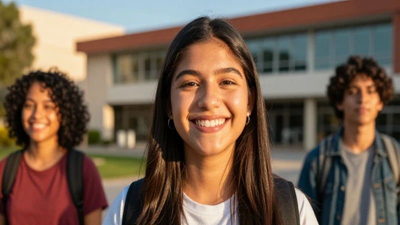Estudiante mexicano sonríe en campus moderno al atardecer