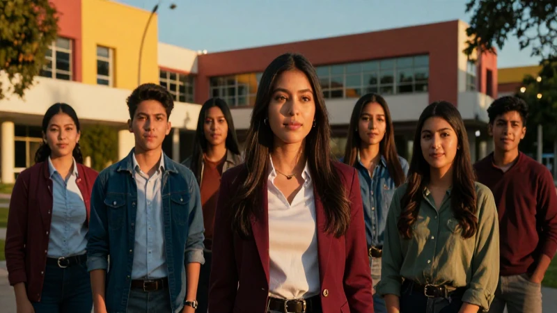 Estudiantes mexicanos en campus con luz dorada