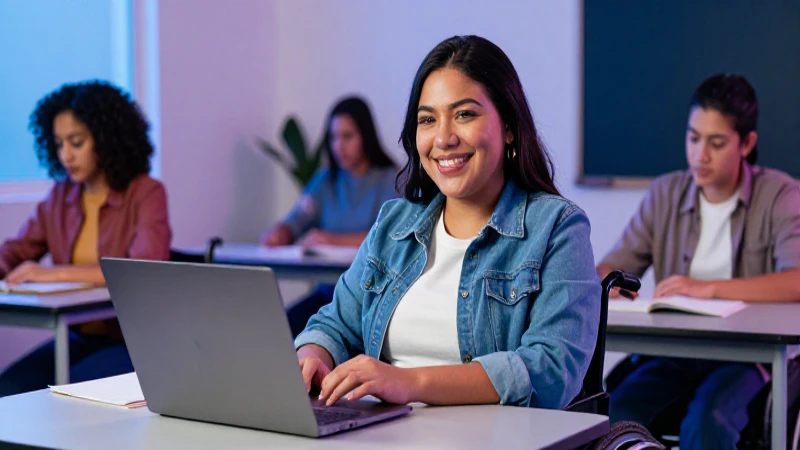 Estudiante mexicano con discapacidad sonríe en clase moderna