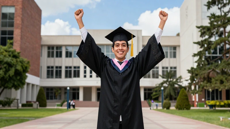 Graduado mexicano triunfal en moderno campus universitario