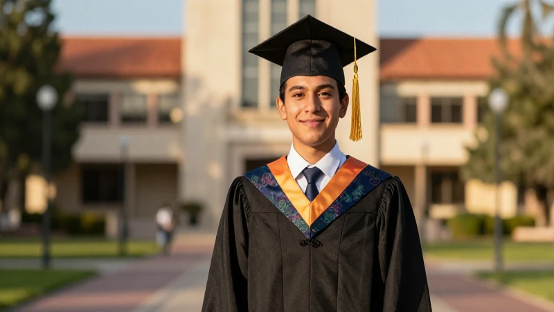 Graduado mexicano en campus con luz dorada y profesional