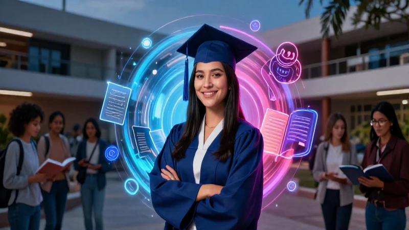Estudiante mexicano en campus académico vibrante