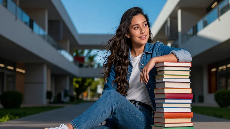 Joven mexicano optimista con libros y campus moderno