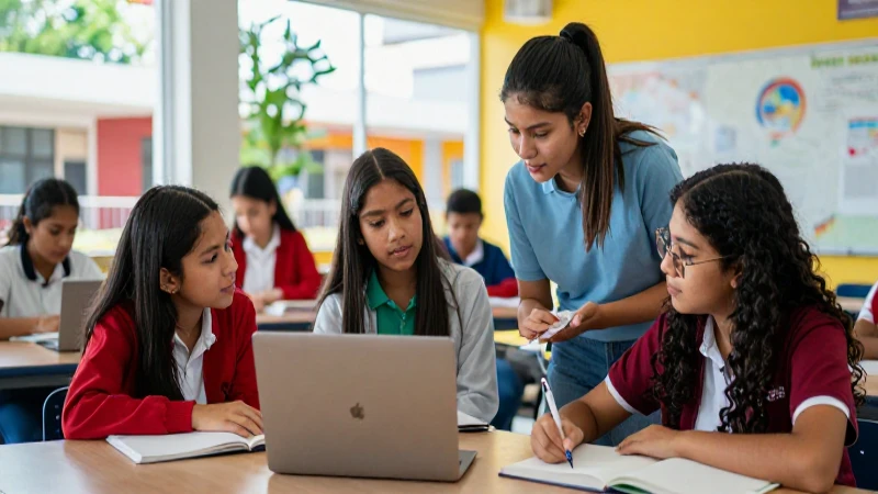 Estudiantes mexicanos colaboran en clase moderna y brillante