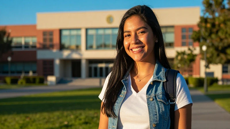 Estudiante sonriente en campus universitario moderno