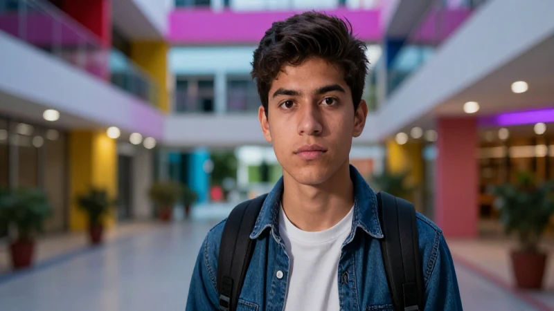 Joven estudiante mexicano, enfoque intenso en campus moderno