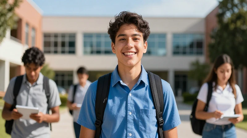 Estudiante mexicano sonriendo en campus universitario vibrante