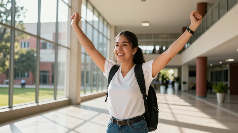 Estudiante mexicana en campus moderno y luminoso
