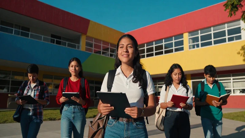 Éxito estudiantil mexicano en campus moderno y vibrante