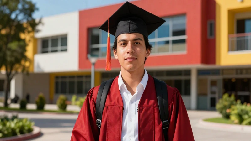 Estudiante mexicano exitoso en campus moderno