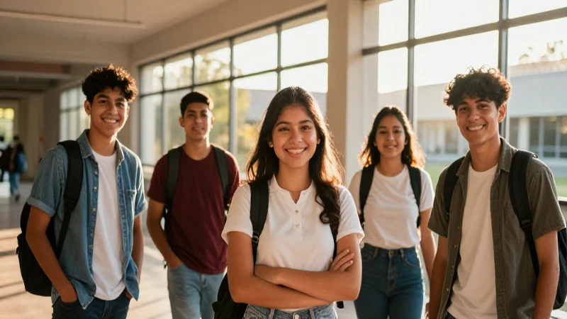 Estudiante mexicano sonríe en campus iluminado