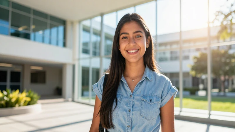 Joven estudiante mexicana en campus moderno