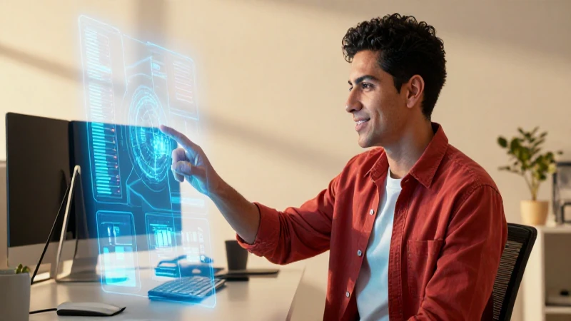 Joven mexicano interactúa con luz digital dorada