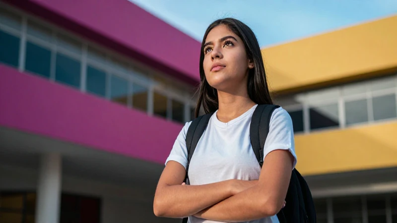 Estudiante mexicano sonríe en el campus vibrante