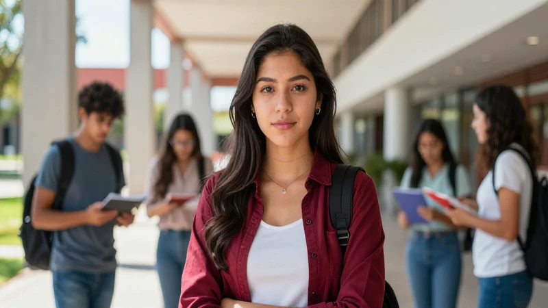 Estudiante universitaria mexicana, sonriendo en campus moderno