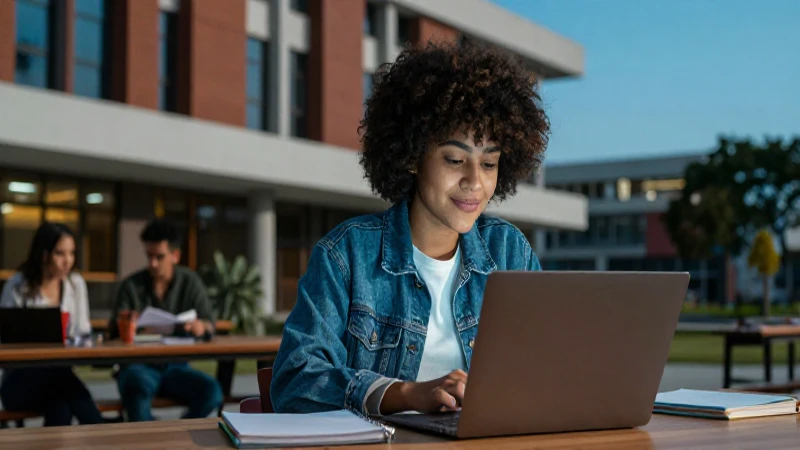Estudiante mexicano en campus con laptop