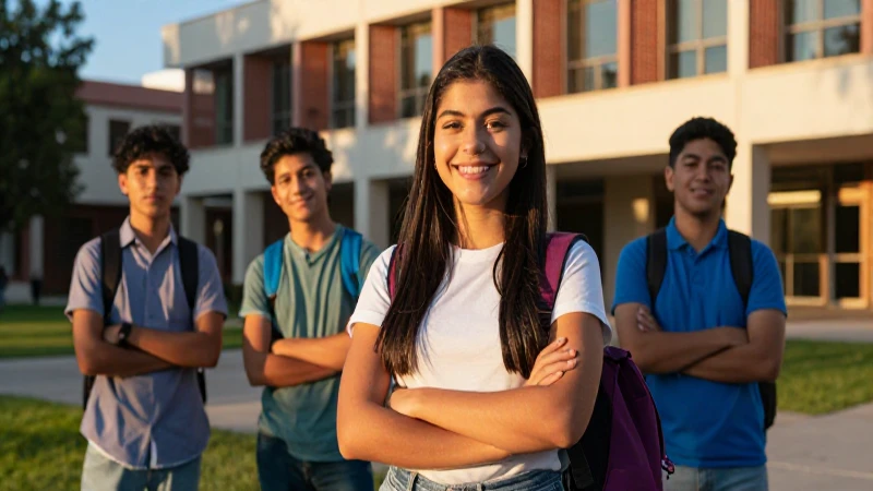 Estudiante mexicano sonriente en campus al atardecer