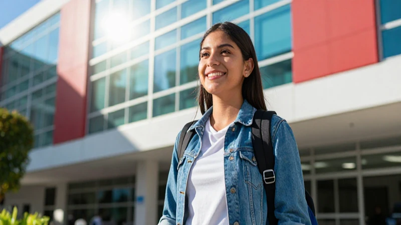Estudiante mexicano sonríe en campus universitario moderno