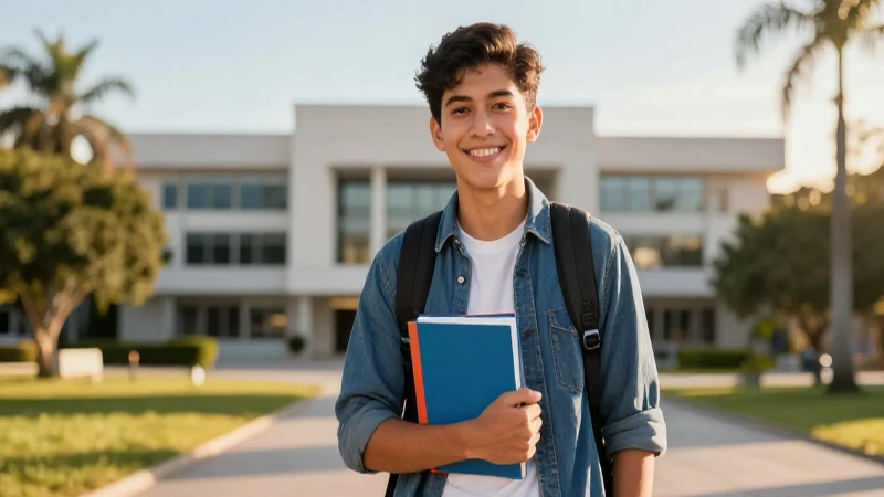 Estudiante mexicano sonriente en campus moderno