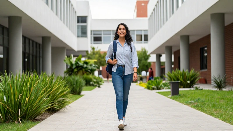 Estudiante sonriente camina por un campus moderno