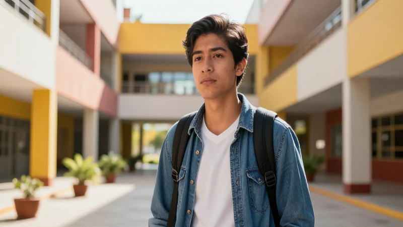 Joven estudiante mexicano, campus vibrante y soleado