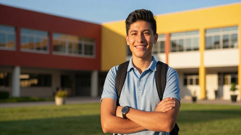 Estudiante mexicano sonriente en campus moderno