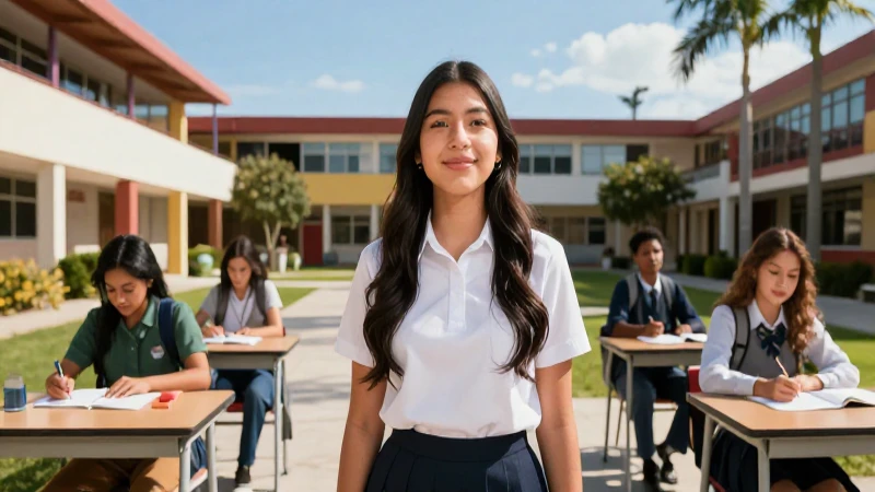 Adolescente mexicano optimista en moderno campus escolar
