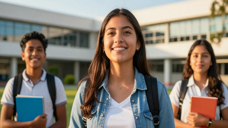 Joven estudiante mexicana sonríe en el campus moderno